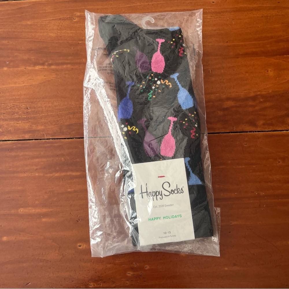 Happy Socks Mens US Shoe Size 8-12 Happy Holidays Champagne Glass Print Socks